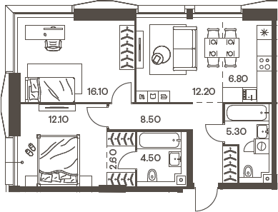 Планировка — INJOY, 3-комн., 68 м²