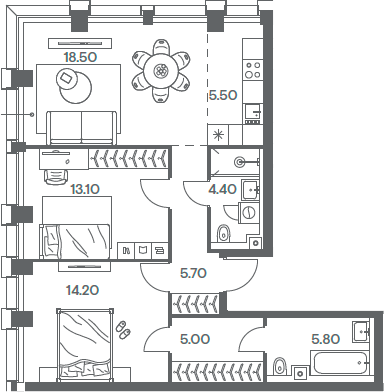 Планировка — INJOY, 3-комн., 72 м²