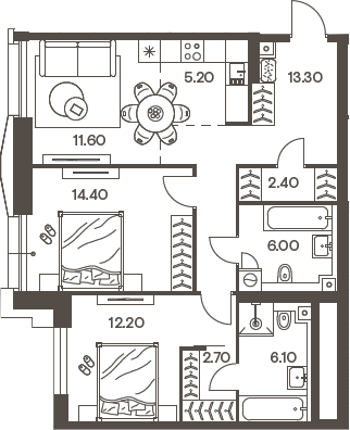 Планировка — INJOY, 3-комн., 74 м²