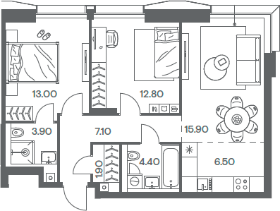 Планировка — INJOY, 3-комн., 66 м²