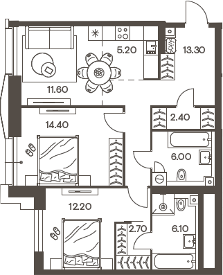 Планировка — INJOY, 3-комн., 74 м²
