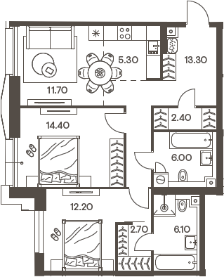 Планировка — INJOY, 3-комн., 74 м²