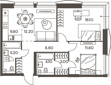 Планировка — INJOY, 3-комн., 68 м²