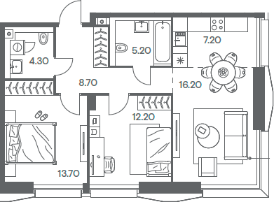 Планировка — INJOY, 3-комн., 68 м²