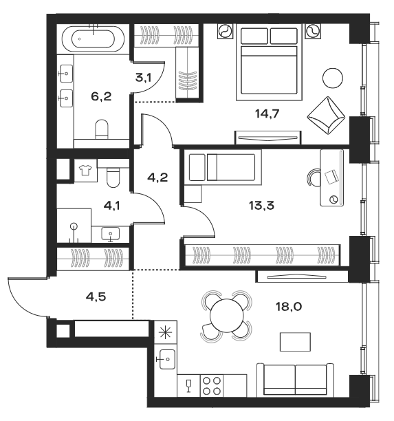 Планировка — Soul, 3-комн., 68 м²