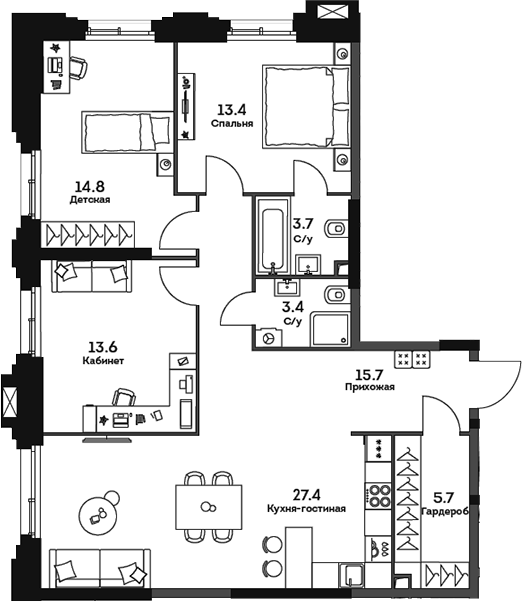 Планировка — Twelve, 4-комн., 98 м²