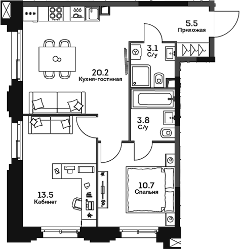 Планировка — Twelve, 3-комн., 57 м²