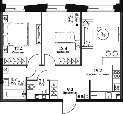 Планировка — Twelve, 3-комн., 60 м²