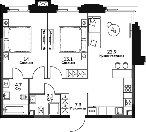 Планировка — Twelve, 3-комн., 66 м²