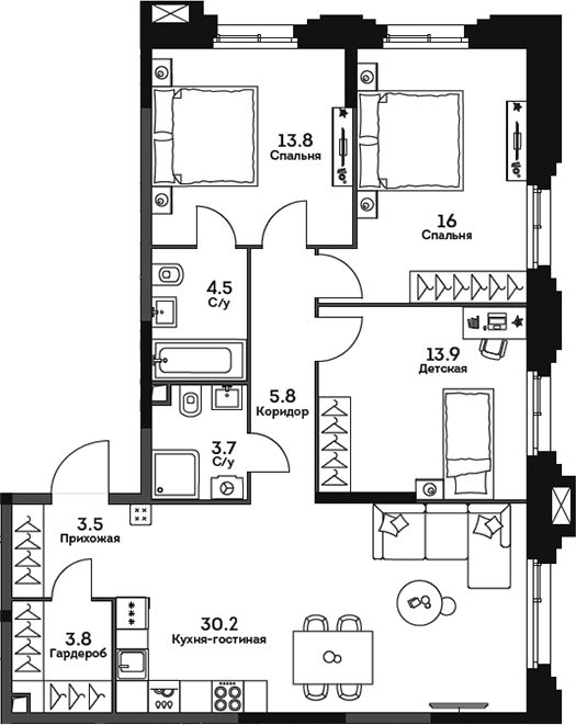 Планировка — Twelve, 4-комн., 95 м²