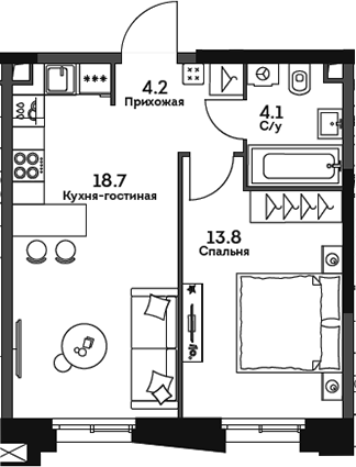 Планировка — Twelve, 2-комн., 41 м²