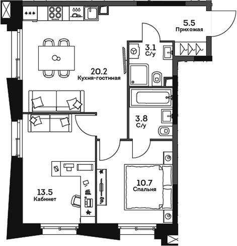 Планировка — Twelve, 3-комн., 57 м²