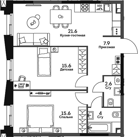 Планировка — Twelve, 3-комн., 67 м²