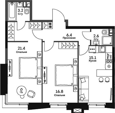 Планировка — Twelve, 2-комн., 66 м²