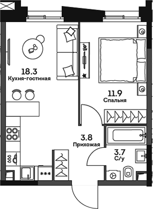 Планировка — Twelve, 2-комн., 38 м²
