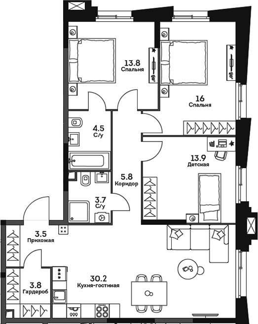 Планировка — Twelve, 4-комн., 95 м²