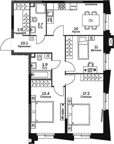 Планировка — Twelve, 3-комн., 77 м²