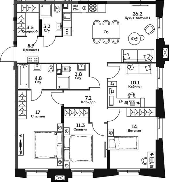 Планировка — Twelve, 5-комн., 107 м²
