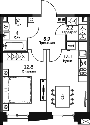 Планировка — Twelve, 1-комн., 38 м²