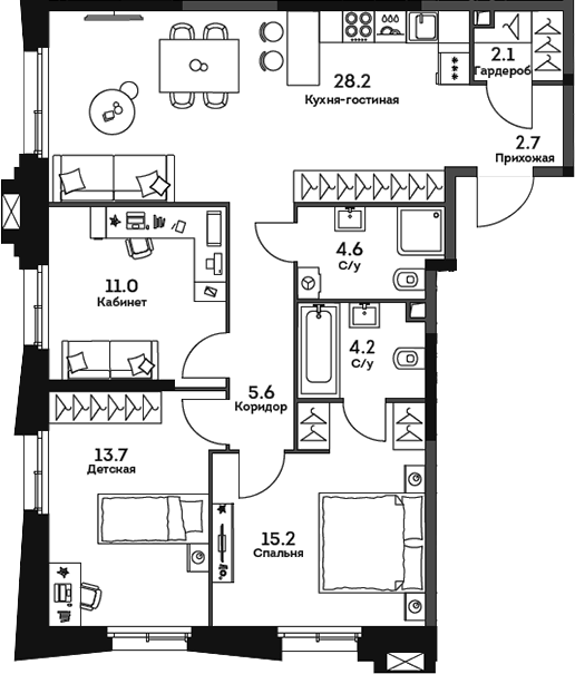 Планировка — Twelve, 4-комн., 87 м²