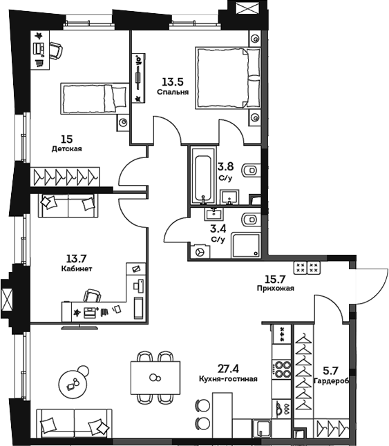 Планировка — Twelve, 4-комн., 98 м²