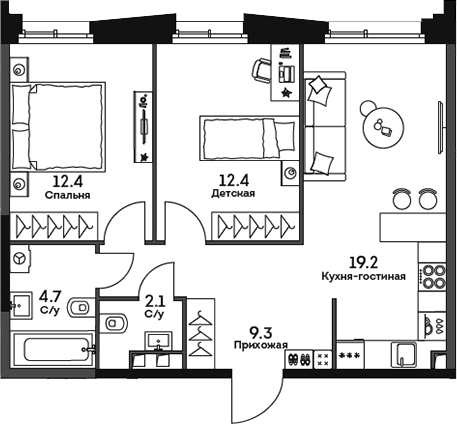 Планировка — Twelve, 3-комн., 60 м²