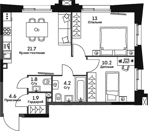 Планировка — Twelve, 3-комн., 57 м²