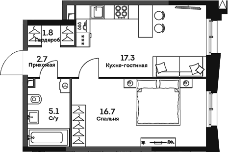 Планировка — Twelve, 2-комн., 44 м²