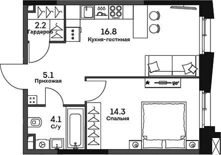 Планировка — Twelve, 2-комн., 43 м²