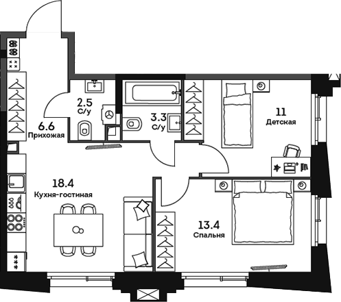 Планировка — Twelve, 3-комн., 55 м²