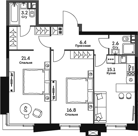 Планировка — Twelve, 2-комн., 66 м²