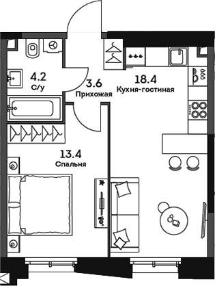 Планировка — Twelve, 2-комн., 40 м²