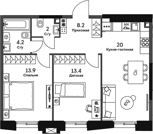 Планировка — Twelve, 3-комн., 62 м²