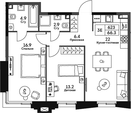 Планировка — Twelve, 3-комн., 66 м²