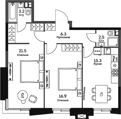 Планировка — Twelve, 2-комн., 66 м²