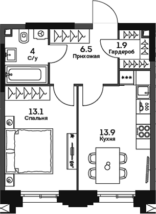 Планировка — Twelve, 1-комн., 39 м²