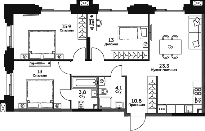 Планировка — Twelve, 4-комн., 84 м²