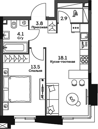 Планировка — Twelve, 2-комн., 42 м²