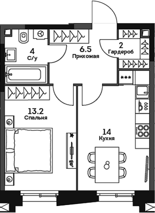 Планировка — Twelve, 1-комн., 40 м²