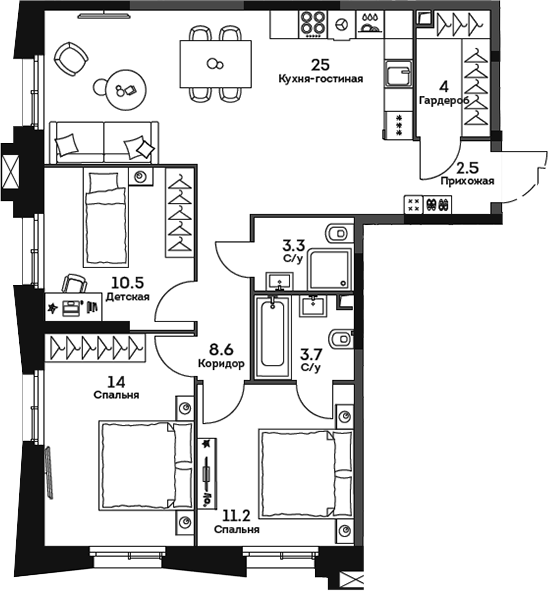Планировка — Twelve, 4-комн., 83 м²