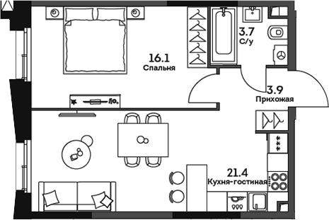 Планировка — Twelve, 2-комн., 45 м²