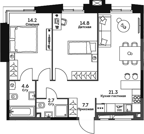 Планировка — Twelve, 3-комн., 65 м²