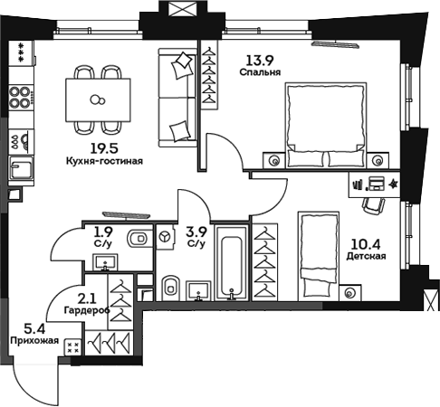 Планировка — Twelve, 3-комн., 57 м²