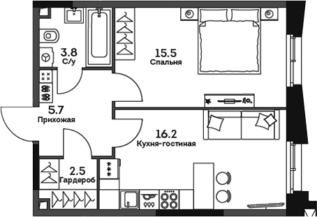 Планировка — Twelve, 2-комн., 44 м²