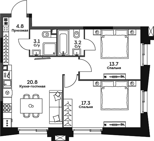Планировка — Twelve, 3-комн., 63 м²