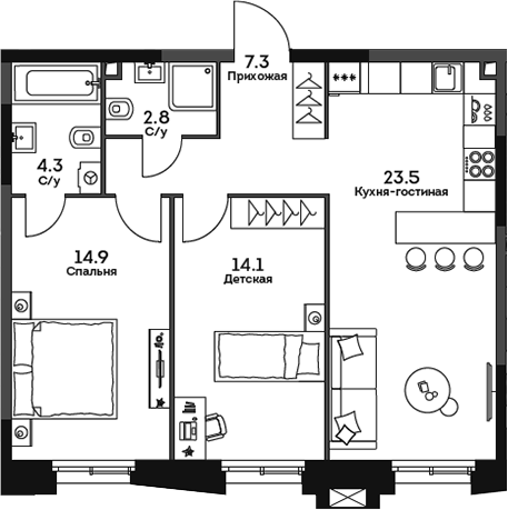 Планировка — Twelve, 3-комн., 67 м²