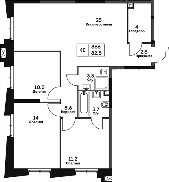 Планировка — Twelve, 4-комн., 83 м²
