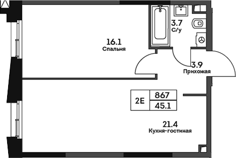 Планировка — Twelve, 2-комн., 45 м²