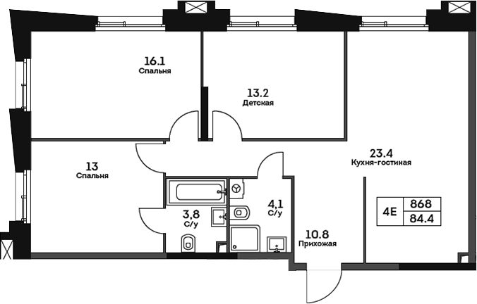 Планировка — Twelve, 4-комн., 84 м²