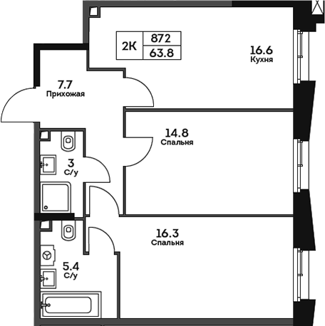 Планировка — Twelve, 2-комн., 64 м²